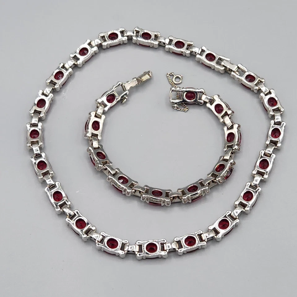 Vintage Signed Jomaz Mazer Ruby Red Cushion Cut Baguette Glass Necklace Bracelet - Image 4 of 4