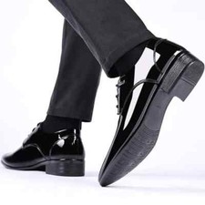 Men Business Patent Leather Shoes Pointed Toe Lace Up Flats Wedding Footwear