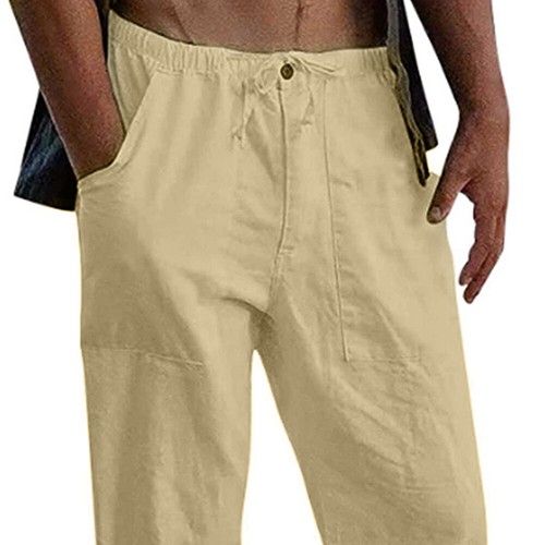 Men's Summer Beach Loose Cotton Linen Baggy Pants Elastic Waist Trousers Buttoms - Picture 4 of 31