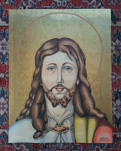 SUPERBE COMPOSITION MIXTE SUR PAPIER DE LOUIS NONIS : PORTRAIT DE JESUS. 1969 - Picture 3 of 11