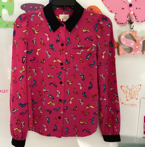 Kate spade New York 100%silk long sleeves “designer heels shoes” blouse Sz 0 - Picture 5 of 14