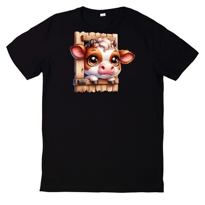 Cute Cow Looking Out Of A Wooden Window Motif Cotton T-Shirt