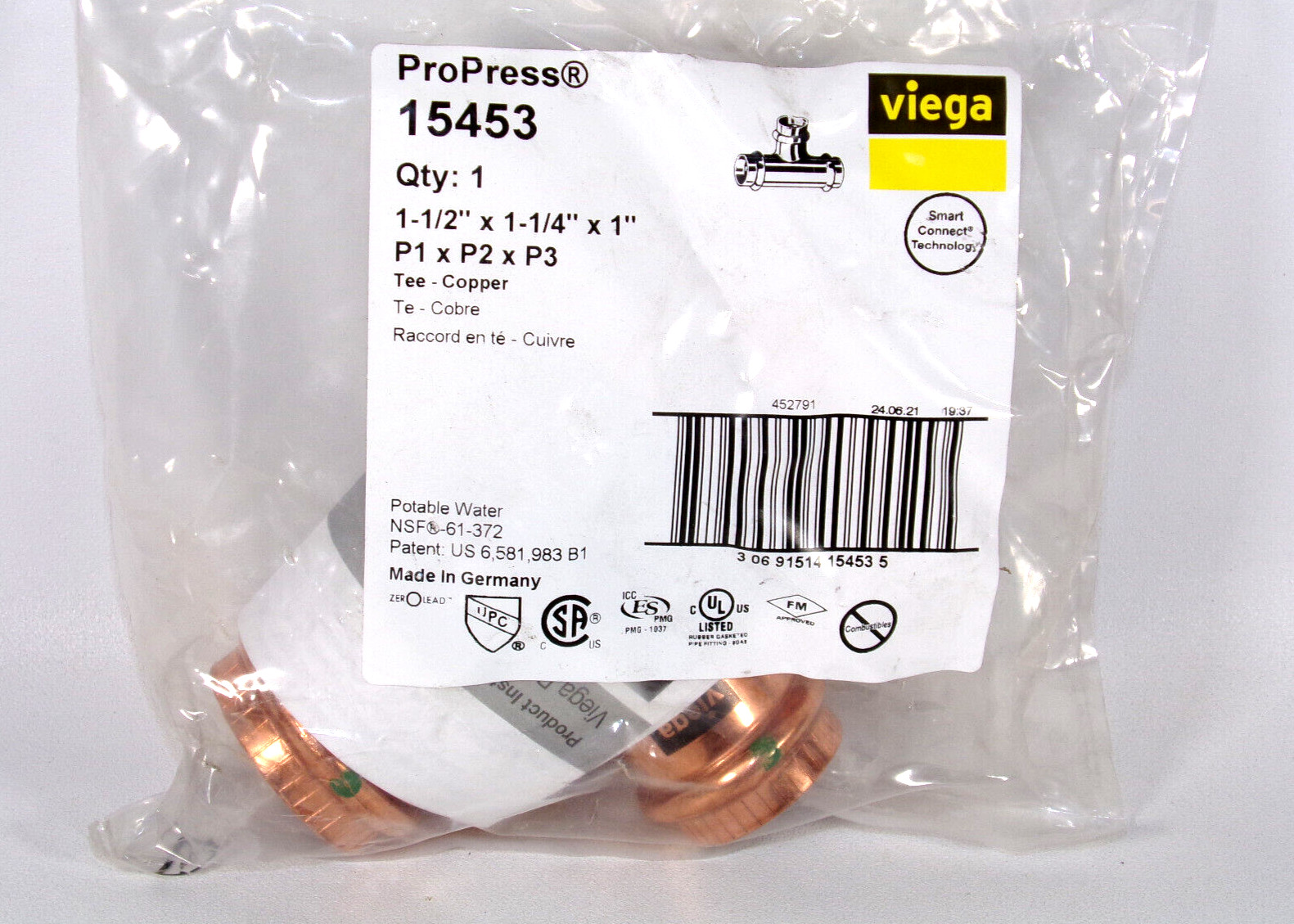 NEW Viega 15453 ProPress® 1-1/2" x 1-1/4" x 1" Copper Tee Fitting