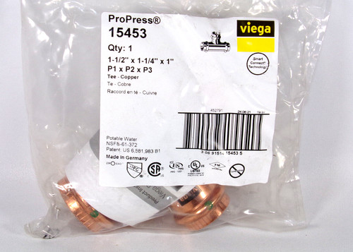 NEW Viega 15453 ProPress® 1-1/2" x 1-1/4" x 1" Copper Tee Fitting