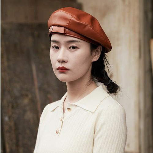 Women Leather Beret Hat British Retro 