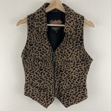 Vintage 90s Tan Black Suede Leather Cheetah Print V Neck Zip Up Biker Vest Top