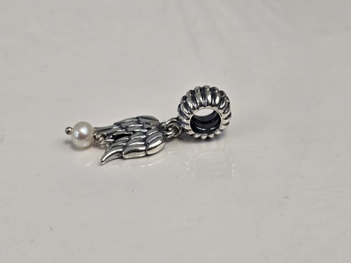Authentic Sterling Silver Pandora Ale S925 Angel Wings w/Pearl Dangle 790975P - Picture 3 of 8