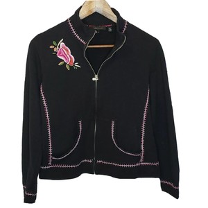 BCBGMaxazria-Black-Floral-Embroidered-Jacket-Pink-Stitching-Full-Zip-Long-Sleeve