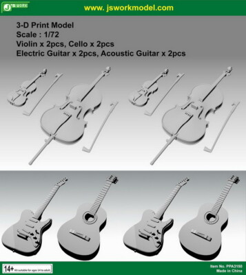 1/72 Violin (2pcs) Cello (2pcs) Electric Guitar (2pcs) & Acoustic Guitar (2pcs)