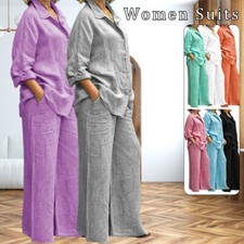 Women Casual Cotton Linen Suit Long Sleeves Shirt Loose Pants Set Female Outfits