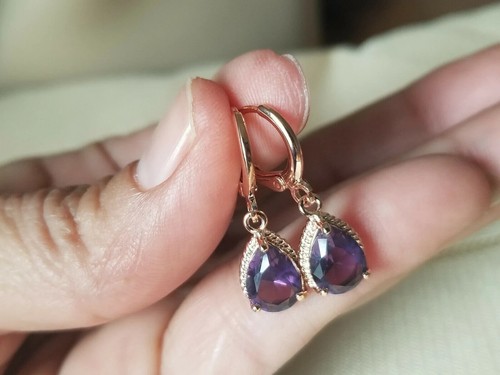 Czech Crystals Purple Gold Plated Dangle Drop Earrings I - Picture 4 of 5