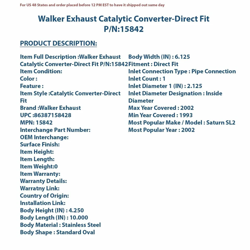 Convertidor catalítico de escape Walker - ajuste directo 15842 Foto 4 de 4