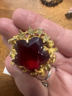Vintage Brooch With Red Stone Gold Angels