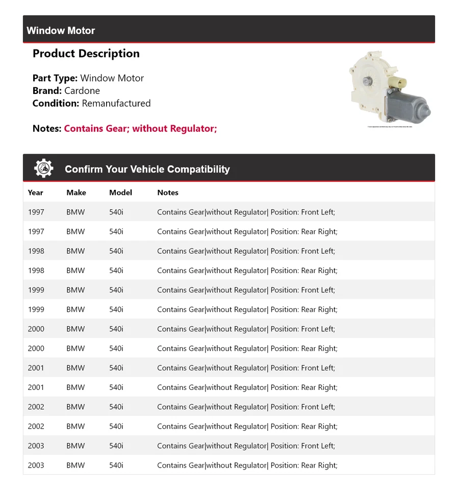 Para BMW 540i 1997-2003 Ventana Motor Cardone 1998 1999 2000 2001 2002 Foto 2 de 4