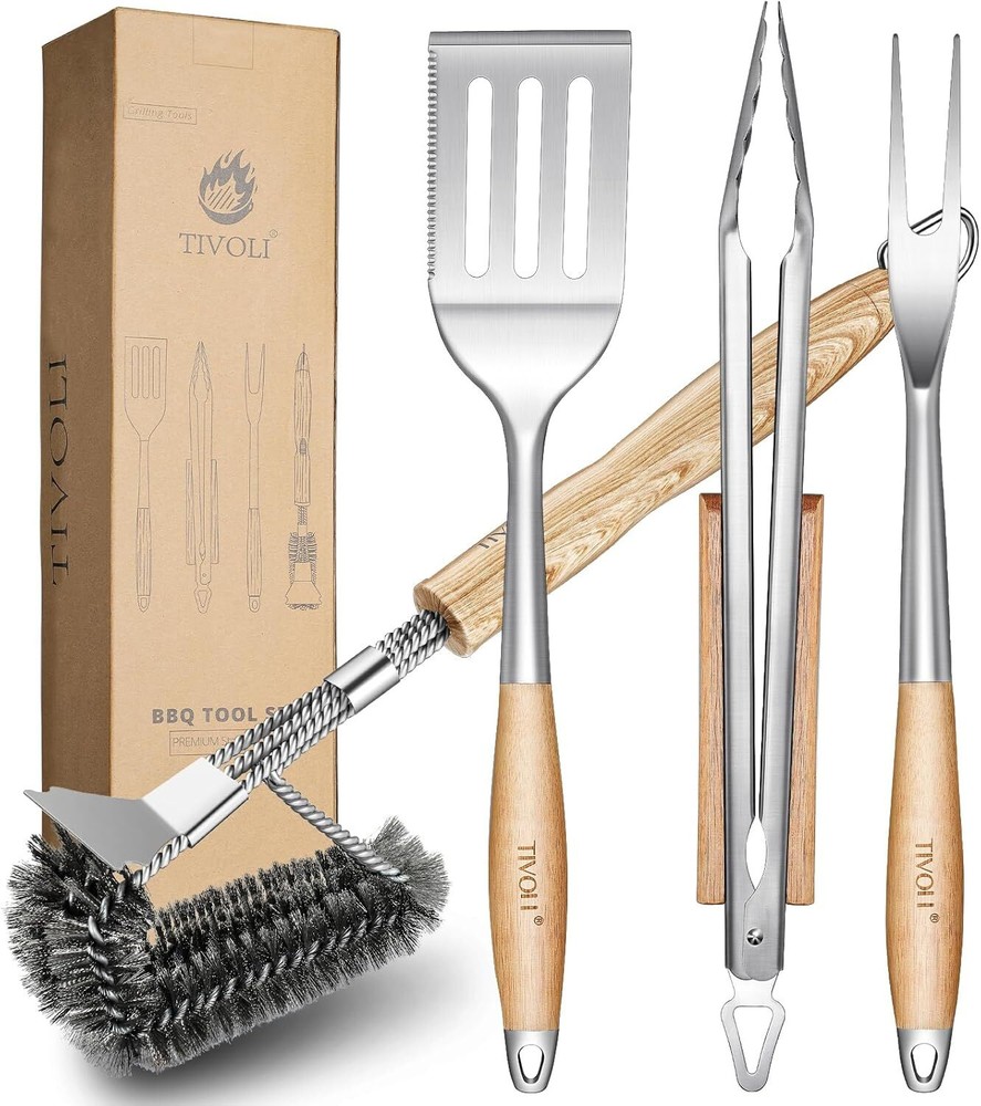 4PC BBQ Tools Set Grill Accessories with BBQ Spatula, BBQ Clips, Brushes, BBQ