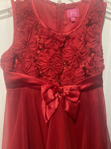 Pinky Girls~Sz 12~Red Dressy Dress w/Zip, Flowerwork,Tie, Bow, Ruffles & Sequins - Picture 2 of 10