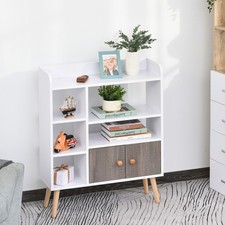 Multi-Shelf Bookcase Freestanding Storage w/ Cabinet Shelves Wood Legs Grey