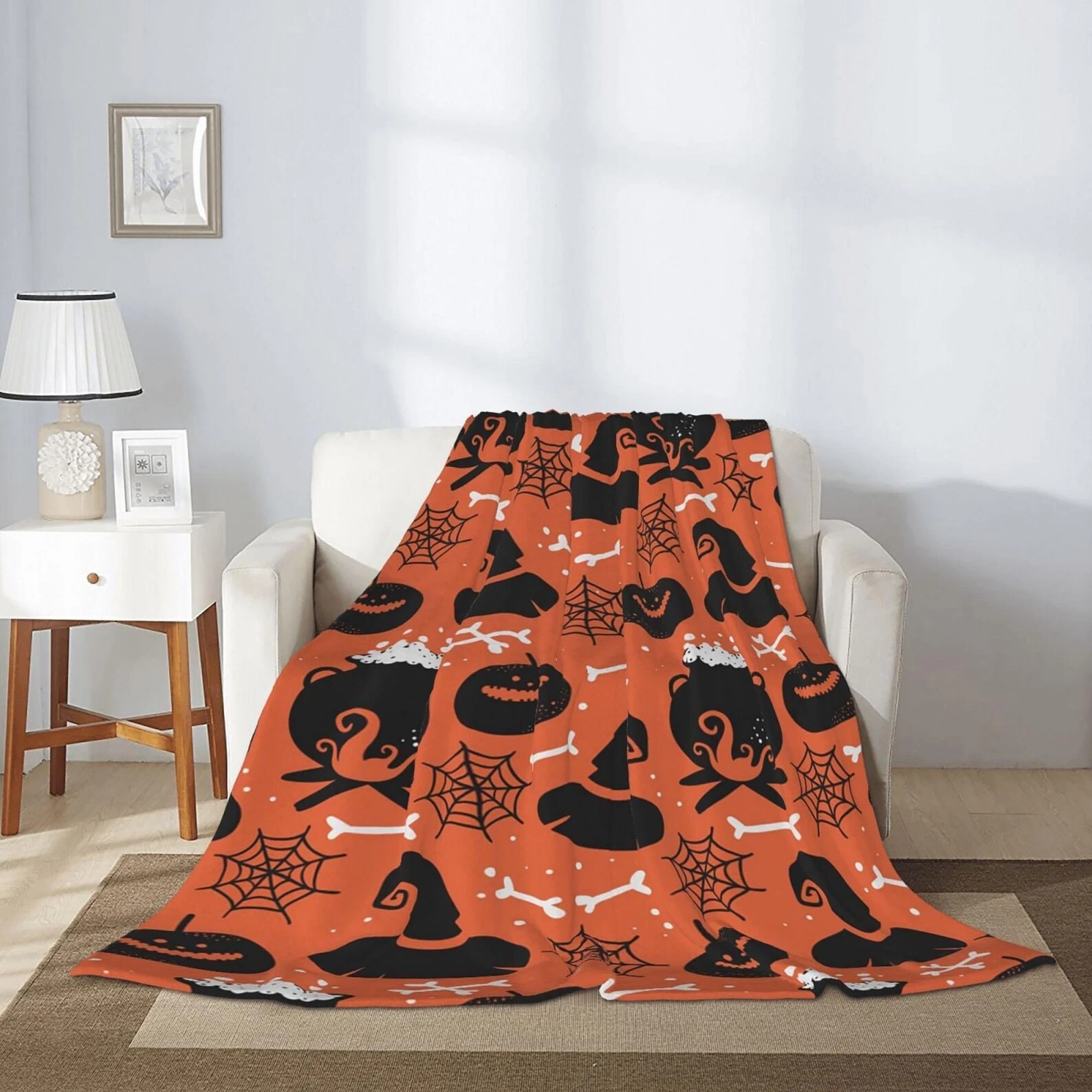 Halloween Flannel Blanket with Witch Hat Pumpkin and Spiderweb Design