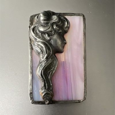 Art Nouveau Lady Portrait Brooch Pink Agate Rectangle Bezel Set in Silver