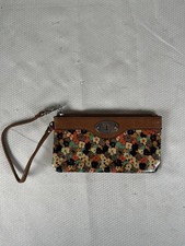 Fossil Key-Per Wristlet Card Wallet Zipper Close ID Canvas Leather Flower Floral