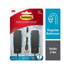 Command Bath Hook, Medium, Matte Black, 2 Hooks 4 Strips per Pack