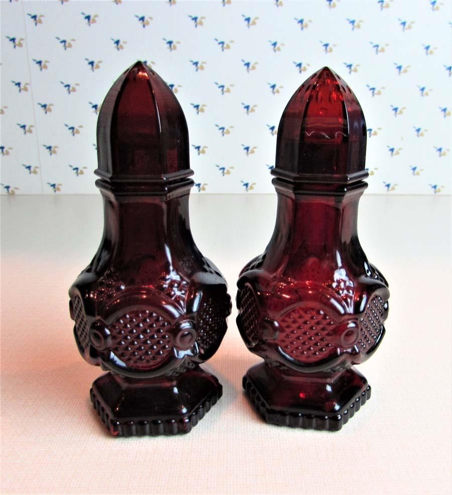 Avon Cape Cod Ruby Red  Cruet with Salt and Pepper Shakers