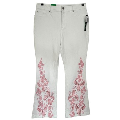I.N.C. International Concept Womens White Jeans 12 Flare Leg Boho Embroided NEW