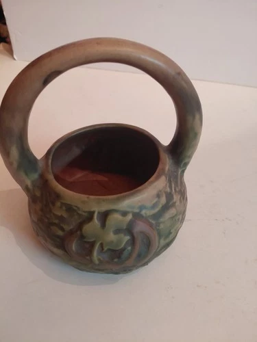 Roseville Pottery “ Imperial I” Green/Brown Basket With  Handled # 6” H In 1921