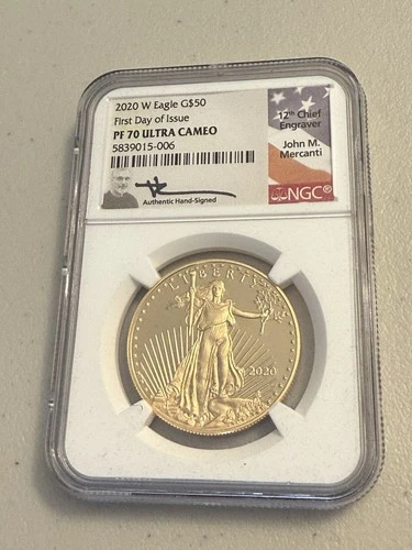 2020 W $50 GOLD EAGLE NGC  PF70 UC FDOI SIGNED BY JOHN MERCANTI 1oz Gold!