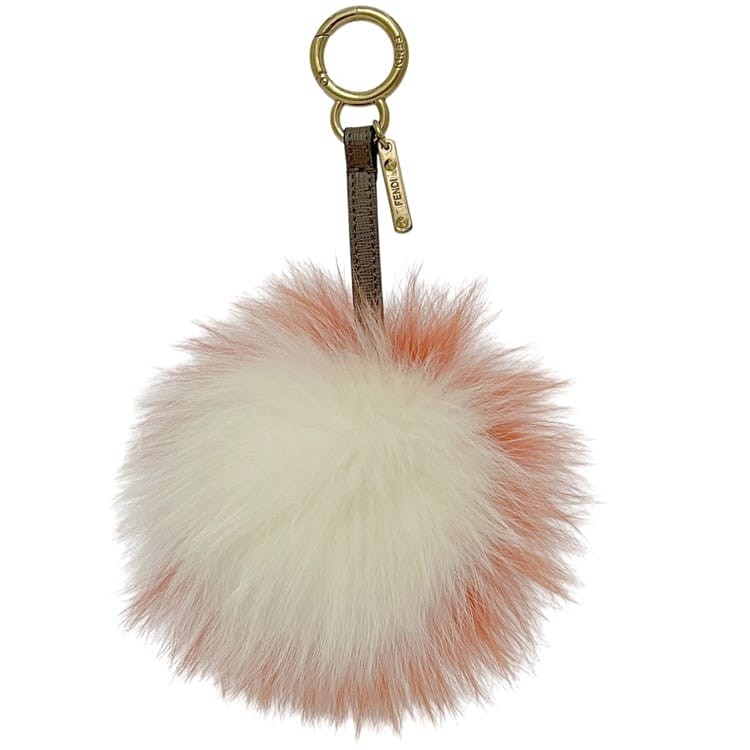 FENDI Bag Charm Key Holder Strap Fur White Orange Authentic