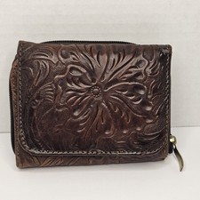 Vintage Hand-tooled Western Leather Floral Womens Trifold Wallet Embossed Floral