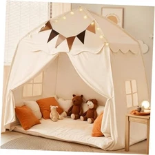 Extra Large Kids Play Tent with Flags & Star Lights, Portable & X-Large Cream