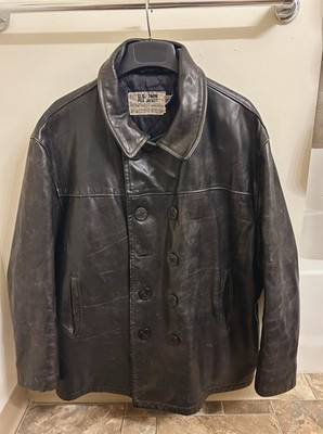 RARE Vintage Schott NYC U.S. 740N Leather Pea Coat Black Size 54 Big & Tall