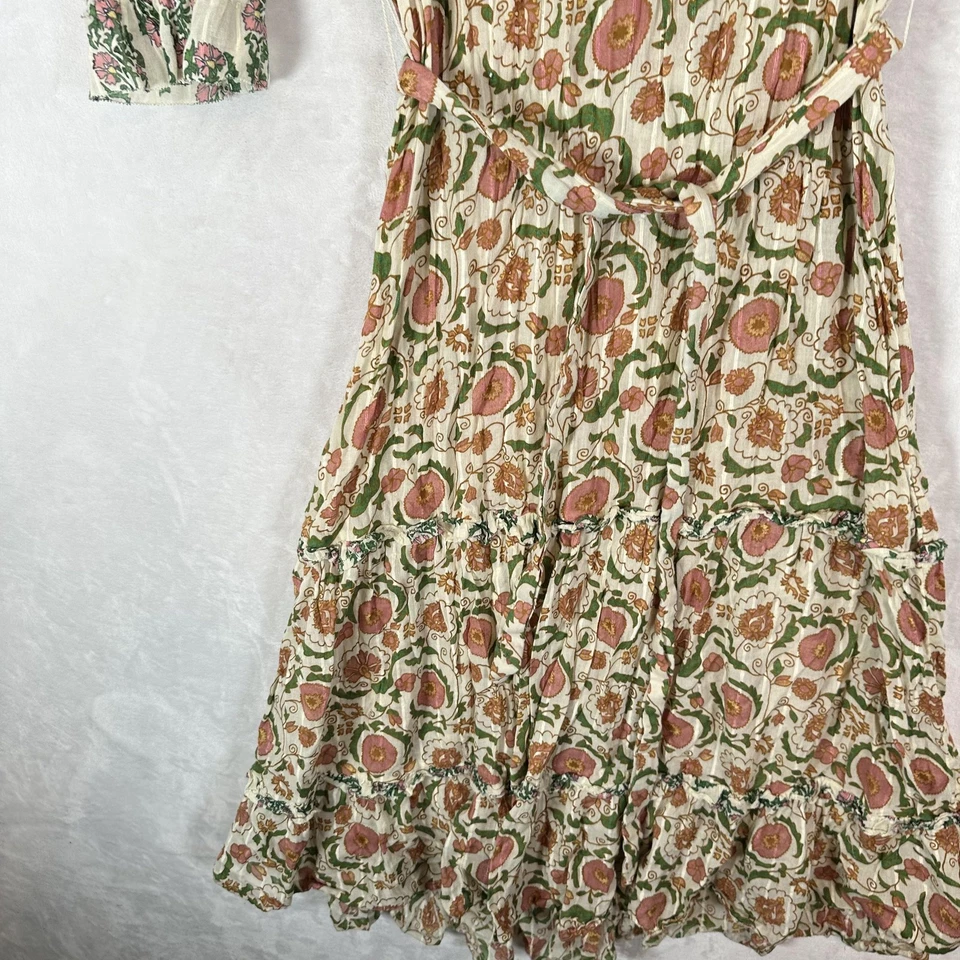 Zara Dress Womens M Cream Floral Boho Tiered Ruffle Midi Belted Boho Countru - Image 4 of 4
