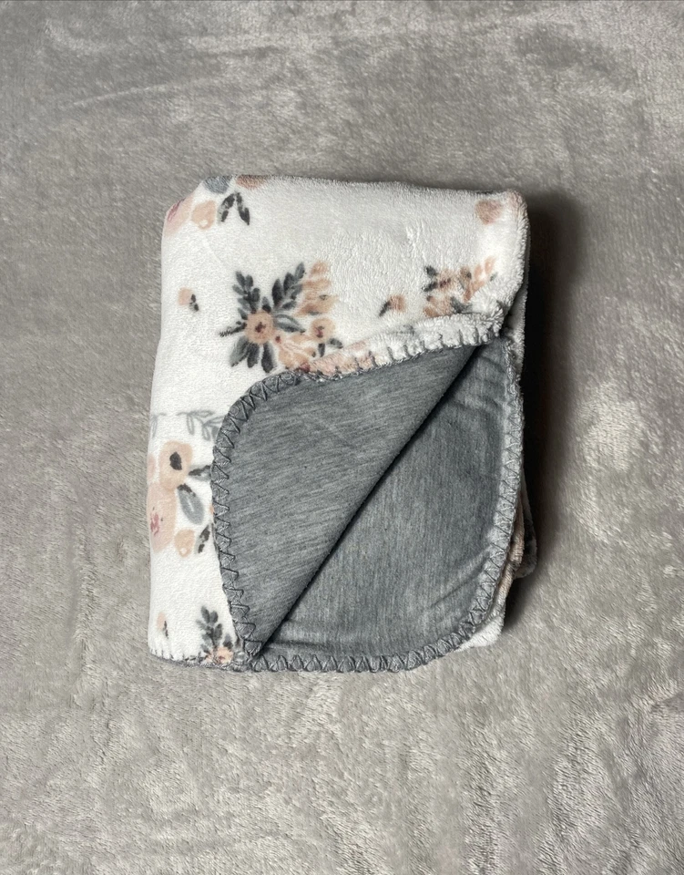 Manta de bebé floral Amari rosa flor hoja terciopelo reversible gris liso cosido Foto 2 de 4