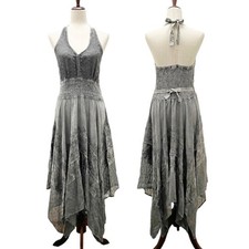 NWT Himalayan Arts Wear Boho Embroidered Gray Halter Maxi Dress Size Medium NEW