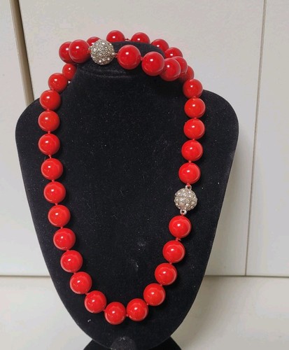 Vintage 68cm Cherry Red Glass 15mm Bead Necklace Bracelet Rhinestone Pave Clasp - Bild 5 von 13
