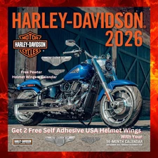 2026 Harley Davidson 12"x 12" Wall Calendar -Get 2 Free USA Pewter Helmet Wings!