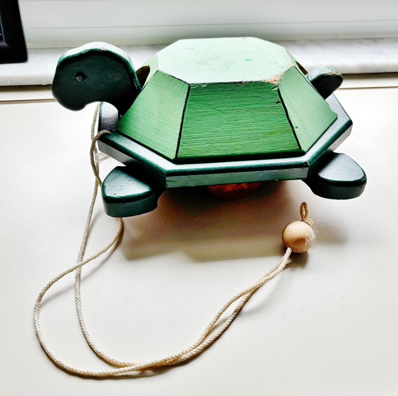 Vintage Hand Made  Wooden Turtle Pull Toy