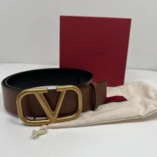 Valentino Garavani VLogo Leather Reversible Belt Brown Black Size 28 (S)