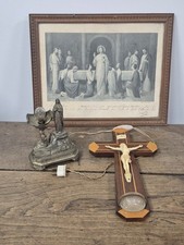 Lot De 3 Ancien Objet Religieux Certificat De Baptême + Bénitier + Lampe Statue