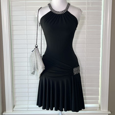 90s vintage Cache Black Halter Ruched Fit Flare Knee Dress Rhinestone
