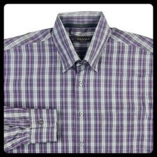 Canali Plaid Button Up Dress Shirt Men XL Purple Gray Cotton Lux Made in Italy