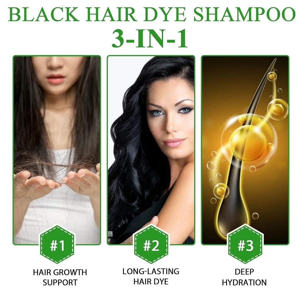 Natürliches Schwarzes Haarfärbeshampoo, Black Hair Dye Shampoo 3 in 1 Sofort Haa - Bild 3 von 4