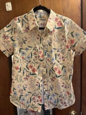 Coldwater Creek Womens Floral Short Sleeve Button Up Top Size 8 Yellow Casual