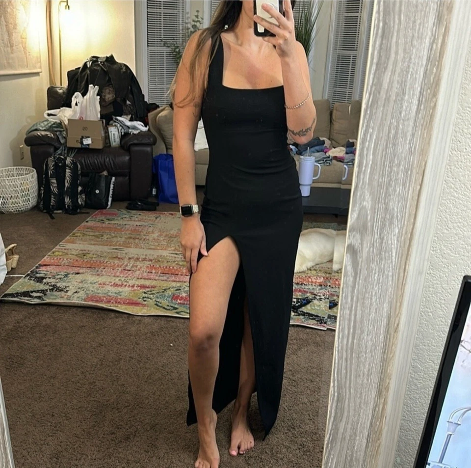 Nasty gal квадрат мне черный макси платье эластичный с высоким разрезом размер 6 - Изображение 2 из 3