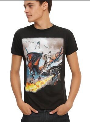 Hot Topic Black Matter Cat Riding Dragon Black T-Shirt Small