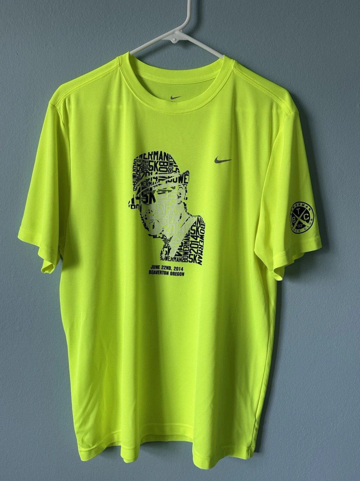 Rare Nike 2014 Bowerman Track Club 5K Neon Yellow SS Running Shirt Mens Size XL