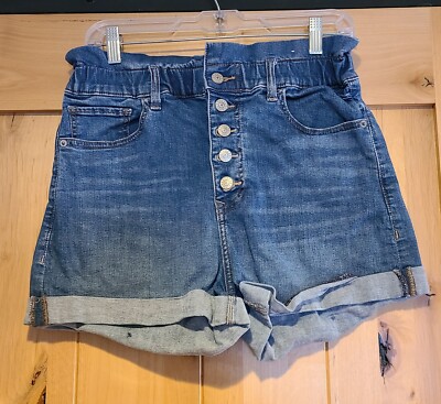 Express Shortie Super High Rise Women Sz M Denim Jean Shorts Button Fly Paperbag