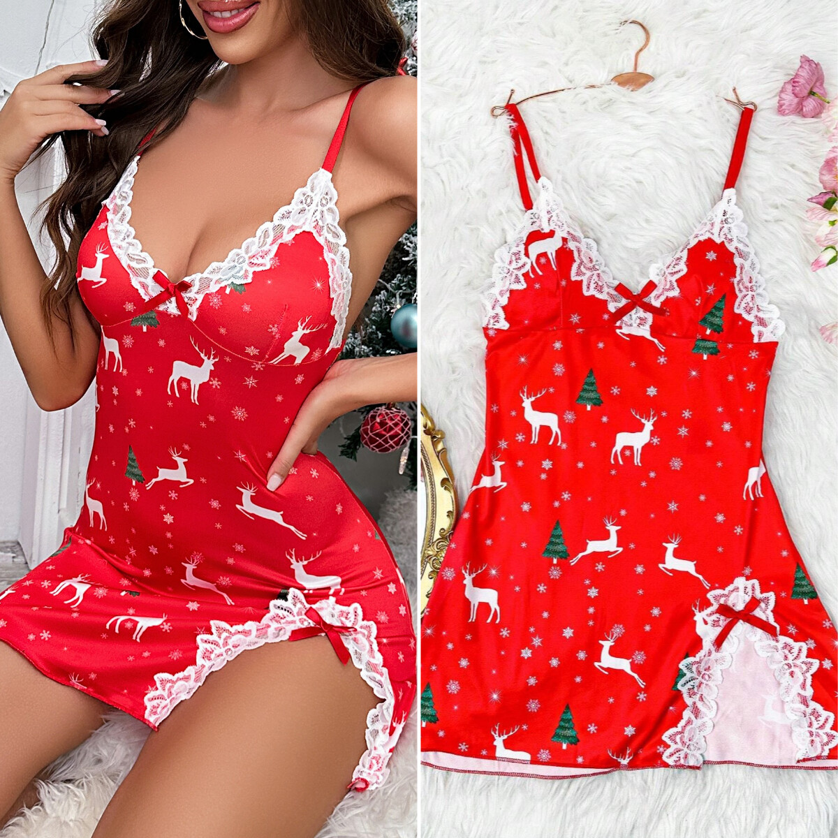 Valentine Lingerie for Women Sex Santa Silk Lace Babydoll Chemise XMAS Sleepwear Valentine Lingerie for Women Sex Santa Silk Lace Babydoll Chemise XMAS Sleepwear